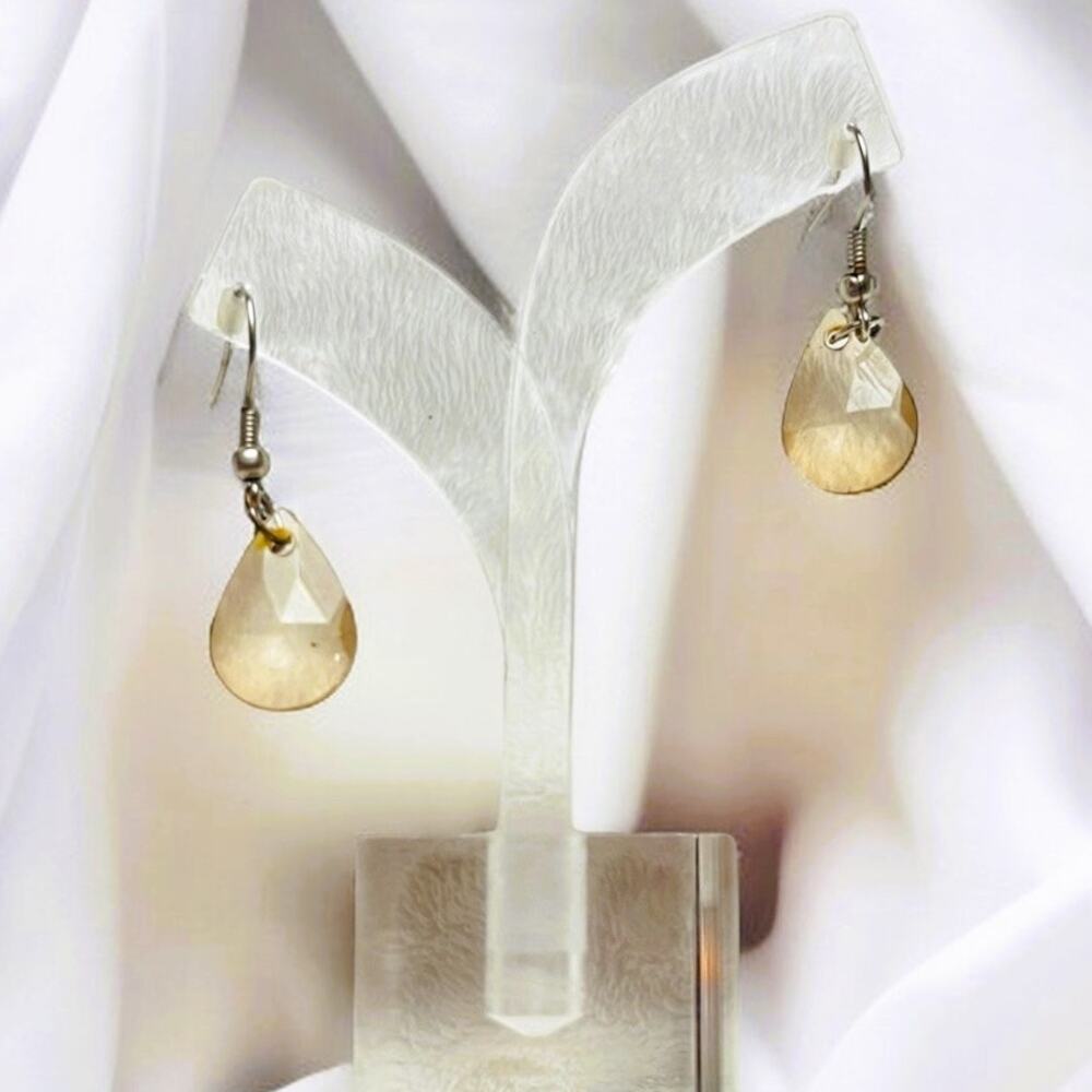 Vintage Synthetic Smokey Brown Quartz Teardrop Dangle Earrings